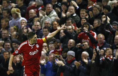 Liverpool's Steven Gerrard celebrates after scoring during their Champions League soccer match against Olympique Marseille in Liverpool, northern England, Nov. 26, 2008. 