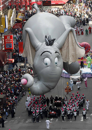 The Horton balloon makes its way through Times Square during the Macy's Thanksgiving Day Parade in New York November 27, 2008. 