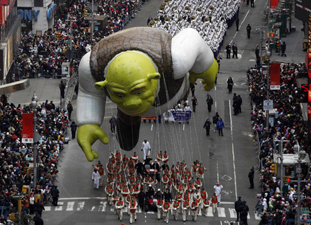 The Shrek balloon makes its way through Times Square during the Macy's Thanksgiving Day Parade in New York November 27, 2008.