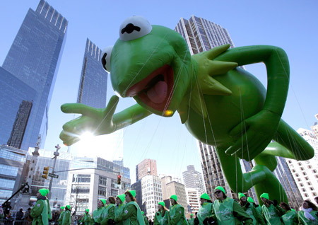 The Kermit the Frog balloon makes its way down Broadway during The Macy's Thanksgiving day parade in New York November 27, 2008.