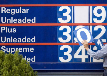 Northern Virginia Chevron gas station employee Paul Chumpa lowers the price for one gallon of Regular gasoline 10 cents from US$3.19 to US$3.09 per gallon early in the morning Oct. 16, 2008. Because of lower demand, the average price of a gallon of self-served and unleaded gasoline fell to its lowest level since January 2005 in the Los Angeles area on Thursday.[Xinhua]