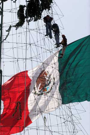 Workers build a 45-meter-high Christmas tree in Mexico city, capital of Mexico Nov. 24, 2008.[Xinhua Photo] 