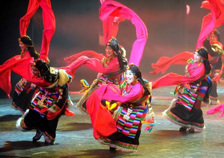 Dancers perform in the musical 'Tibetan Riddle' in Beijing, capital of China, Nov. 26, 2007. (Xinhua)