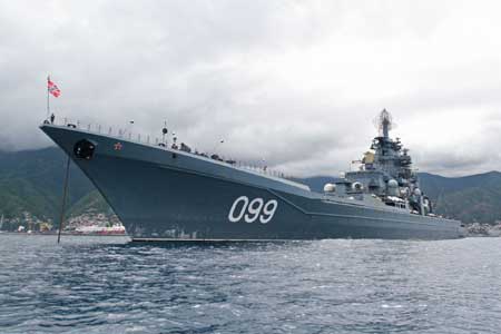 The Russian nuclear propulsion cruiser 'Peter the Great' is anchored in the La Guaira port in Vargas State of Venezuela, Nov. 29, 2008. The Russian fleet including nuclear propulsion cruiser 'Peter the Great', anti submarine destructor 'Admiral Chabanenko', tank vessel 'Ivan Bubnov' and the tugboat 'SB-406' will take part in the joint naval maneuvers dubbed 'Venrus 2008' with the Venezuelan army scheduled from Dec. 1 to 3, 2008. [Xinhua]