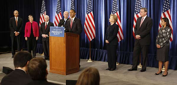 President-elect Barack Obama takes questions from reporters during a news conference in Chicago, Monday, Dec. 1, 2008, with, from left to right: Attorney General-designate Eric Holder; Homeland Security Secretary-designate Janet Napolitano; Defense Secretary Robert Gates; Vice President-elect Joe Biden; Secretary of State-designate Sen. Hillary Rodham Clinton, D-N.Y.; National Security Adviser-designate Ret. Marine Gen. James Jones; and United Nations Ambassador-designate Susan Rice. [Xinhua/Reuters]