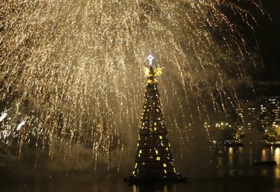 Fireworks explode near a Christmas tree during the lighting ceremony at Rodrigo de Freitas Lake in Rio de Janeiro November 29, 2008. The tree measures 82 m (269 feet) and consists of 2.8 million multi-colored bulbs. [Agencies] 