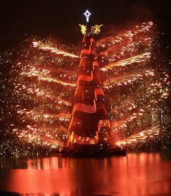 Fireworks explode near a Christmas tree during the lighting ceremony at Rodrigo de Freitas Lake in Rio de Janeiro November 29, 2008. The tree measures 82 m (269 feet) and consists of 2.8 million multi-colored bulbs. [Agencies] 