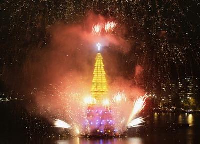 Fireworks explode near a Christmas tree during the lighting ceremony at Rodrigo de Freitas Lake in Rio de Janeiro November 29, 2008. The tree measures 82 m (269 feet) and consists of 2.8 million multi-colored bulbs. [Agencies] 