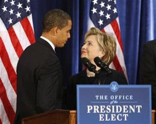 President-elect Barack Obama announces that Sen. Hillary Clinton will be his choice for Secretary of State during a news conference in Chicago December 1, 2008. [John Gress/Reuters] 