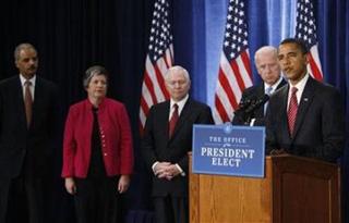 President-elect Barack Obama stands with his national security team nominees Eric Holder (Attorney General), Arizona Governor Janet Napolitano (Homeland Security), Robert Gates (continuing as Secretary of Defense) and Vice President-elect Joe Biden during a news conference in Chicago, December 1, 2008.[John Gress/Reuters] 