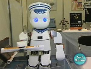 Robots on display in Japan are designed to look after the sick and elderly, as well as doing house-hold chores.