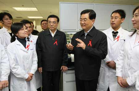 President Hu Jintao called on Monday for spreading AIDS prevention knowledge to the public and helping each AIDS patient, during his visit to a hospital in Beijin on World AIDS Day.[Xinhua]