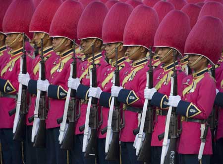 Royal guards men line up for the Trooping of the Colour, an annual military parade, in Bangkok's Royal Plaza on Dec. 2, 2008. [Xinhua/Reuters]