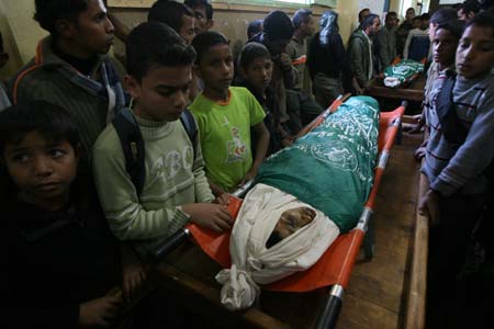 School friends of Palestinian Ramzi al-Duhimi, 17, attend his funeral in southern Gaza Strip town of Rafah, Dec. 3, 2008. Ramzi was killed with another boy during an Israeli attack in southeast Gaza Strip on Tuesday.[Xinhua]