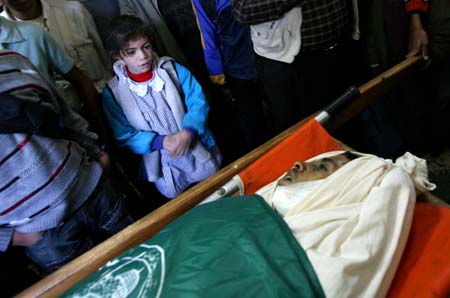 School friends of Palestinian Ramzi al-Duhimi, 17, attend his funeral in southern Gaza Strip town of Rafah, Dec. 3, 2008. Ramzi was killed with another boy during an Israeli attack in southeast Gaza Strip on Tuesday.[Xinhua]