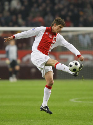 Ajax Amsterdam's Klaas-Jan Huntelaar kicks the ball during a soccer match in Amsterdam in this Jan. 30, 2008 file photo. 