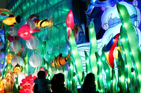 People view the colorful lanterns on a street in Nanjing, capital of east China's Jiangsu Province, Dec. 3, 2008. More than 10 sets of colorful lanterns have been set up around a business zone in the city to welcome the forthcoming Christmas Day and New Year. [Wang Xin/Xinhua]