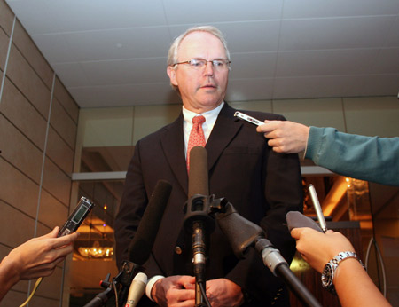 U.S. chief nuclear envoy Christopher Hill receives interviews after meeting with his Democratic People's Republic of Korea (DPRK) counterpart Kim Kye-gwan in Singapore, Dec. 4, 2008. Hill met with Kim Kye-gwan in Singapore on Thursday, saying they had substantive talks focused on verification of the DPRK's nuclear activities.