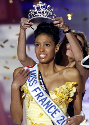 Miss France 2009 Chloe Mortaud from the Albigeois Midi Pyrenees region reacts after winning the title in Le Puy du Fou, western France, Dec. 6, 2008.