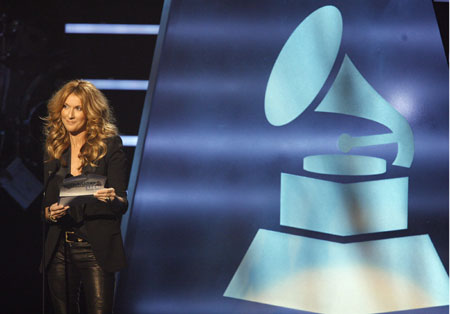Singer Celine Dion announces the nominees for Album of the Year at &apos;The Grammy Nominations Concert Live!: Countdown to Music&apos;s Biggest Night&apos; in Los Angeles December 3, 2008.