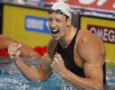 Alain Bernard of France reacts after his men's 100m freestyle semi-final at the European Swimming Championships in Eindhoven March 21, 2008.[Agencies]