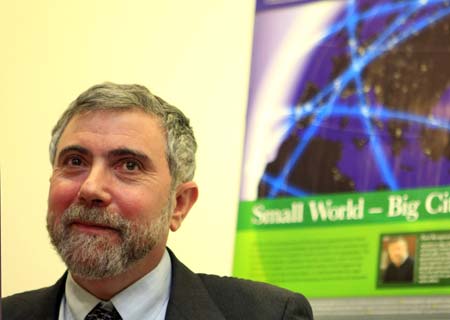 Paul Krugman, professor of economics and international affairs at Princeton University in the United States and the winner of 2008 Nobel Prize in Economics, attends a press conference after his lecture at Stockholm University, in Sweden on Dec. 8, 2008. [Xinhua]