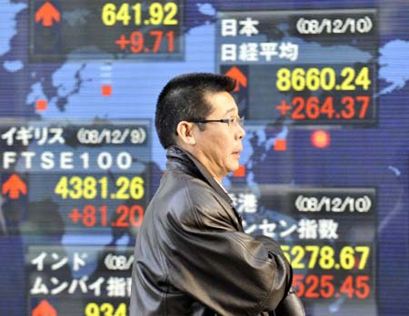 Tokyo stocks closed sharply higher Wednesday, extending their gains into a three-day winning streak. The benchmark 225-issue Nikkei Stock Average gained 264.37 points, or 3.15 percent, from Tuesday to 8,660.24. [Xinhua/AFP]