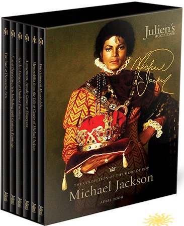 The box set of auction catalogs featuring memorabilia from the collection of entertainer Michael Jackson is shown in this undated publicity photograph. 