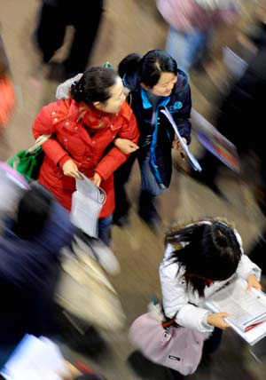 Students crowd a job fair in Beijing, capital of China, Dec. 14, 2008. More than 20,000 postgraduates visited on Sunday the special job fair which offered over 142,000 positions by more than 700 enterprises.