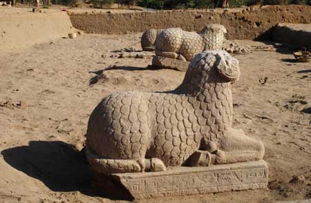 Three ancient statues are seen at a dig at el-Hassa, the site of a Meroitic town in Sudan in this undated handout photograph. Archaeologists said on Tuesday they had discovered three ancient statues in Sudan with inscriptions that could bring them closer to deciphering one of Africa's oldest languages. 