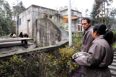 Taipei keepers Wang Jinzhi (L) and You Xueyin observe the feeding habits of Tuan Tuan and Yuan Yuan. 