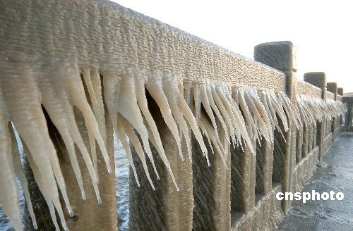 The rare sight of waves frozen on breakwaters attracted sightseers and photographers to the beach at Lianyun Harbor in eastern China’s Jiangsu Province on December 22 2008. [Wang Jianmin/Chinanews.com]