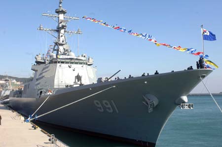 King Sejong, South Korea's first Aegis destroyer, is seen in Busan Navy Base, South Korea, Dec. 22, 2008. South Korea deployed the nation's first Aegis destroyer King Sejong on Monday. The 7,600-ton destroyer, with a crew of 300, is 166 meters long, 21 meters wide and has the world's top class anti-ship, anti-aircraft and anti-submarine capabilities. 