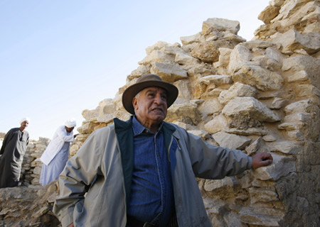 Egypt's antiquities chief Zahi Hawass speaks to the media about restoration work at the site of the Step Pyramid in Saqqara December 22, 2008. 