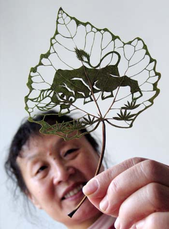 Citizen Du Wanli shows a handmade leaf-carving artwork featuring the patterns of ox in Jinan, capital of east China's Shandong Province, Dec. 23, 2008, to welcome the forthcoming year of ox in Chinese lunar calendar. [Xinhua]