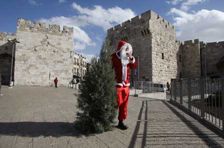 Israeli-Arab Issa Kassissieh, dressed as Santa Claus, carries a Christmas tree outside the Jaffa Gate in Jerusalem Dec. 23, 2008.