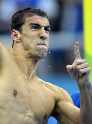 Michael Phelps of the United States gestures after his team winning the men's 4x100m medley relay final at the Beijing 2008 Olympic Games in the National Aquatics Center, also known as the Water Cube in Beijing, China, Aug. 17, 2008. Phelps won his eighth gold medal at the Beijing Olympics swimming events on Sunday, breaking Mark Spitz's record of seven gold medals won at a single Games in 1972. (Xinhua/Qi Heng)