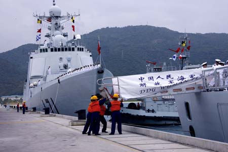 Photo taken on Dec. 26, 2008 shows a Chinese naval ship in the port of Sanya City of China's southernmost island province of Hainan. The Chinese naval fleet including two destroyers and a supply ship from the South China Sea Fleet set off on Friday for waters off Somalia for an escort mission against piracy.[Zha Chunming/Xinhua] 