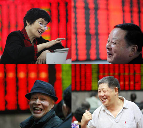 Top, left to right: China's benchmark Shanghai Composite Index on the Shanghai Stock Exchange closed at 2,905.01 points on Wednesday, up 101.99 points, or 3.64 percent on June 25, 2008. Chinese shares prices had a rare single-day sharp rebound of 9.46 percent on Sept. 19, 2008. 