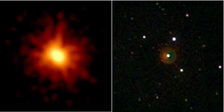 In March scientists detected an interstellar explosion so bright that it was briefly visible to the naked eye—from 7.5 billion light-years away. Images captured by NASA's Swift satellite show two views of the unusual gamma-ray burst, an outpouring of high-energy radiation and particles thought to follow the collapse of a massive star. [Photo: NASA]