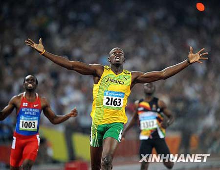 Usain Bolt of Jamaica jubilates after the men's 200m final at the National Stadium, also known as the Bird's Nest, during Beijing 2008 Olympic Games in Beijing, China, Aug. 20, 2008. Usain Bolt of Jamaica won the title with 19.30 seconds and set a new world record. 