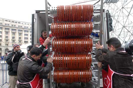 A sausage looped around a rack is seen in Bucharest during a Guinness World Record event for the world's longest sausage Dec. 27, 2008. 