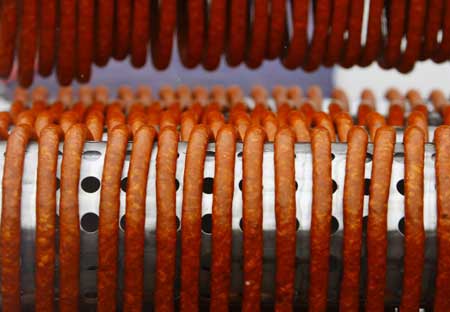 A sausage looped around a rack is seen in Bucharest during a Guinness World Record event for the world's longest sausage Dec. 27, 2008. 