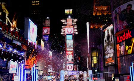 Fireworks illuminate Times Square during the new year celebration in New York, the United States, Dec. 31, 2008. More than one million revelers packed Times Square to ring in the New Year of 2009. [Xinhua]