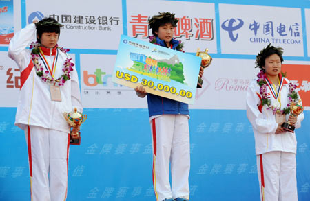 China&apos;s Chen Rong (C), Zhang Yingying (L) and Wang Jiali react during awarding ceremony of the 2009 Xiamen International Marathon in Xiamen, southeast China&apos;s Fujian Province, Jan. 3, 2009. Chen won the title of women&apos;s race with 2 hours 29 minutes and 52 seconds. Zhang won the silver medal while Wang got the bronze. 