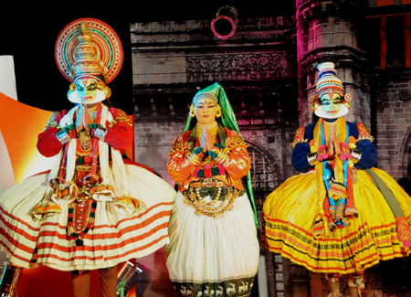 Indian Kathakali artists perform in Kerala state of India, Jan. 1, 2009. Kathakali is a 17th century ancient classical art form, which through a combination of storytelling, music and dance, expresses themes from Hindu mythology.