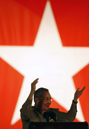 Cuba's President Raul Castro addresses the audience during the 50th anniversary of the Cuban revolution in Santiago de Cuba January 1, 2009. 