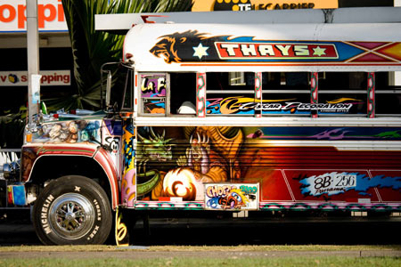 A bus with colorful paintings runs in Panama City, Panama, Jan. 2, 2009. 