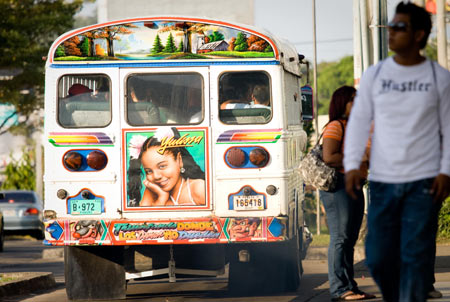 A bus with colorful paintings runs in Panama City, Panama, Jan. 2, 2009. 