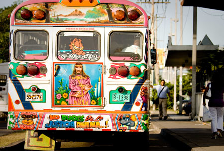 A bus with colorful paintings runs in Panama City, Panama, Jan. 2, 2009.